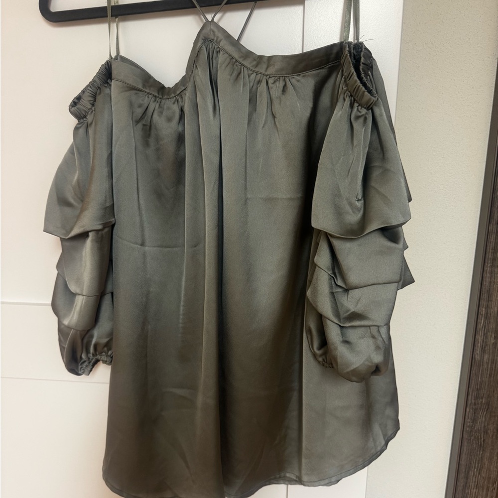 She + Sky Olive Ruffled Off-Shoulder Blouse